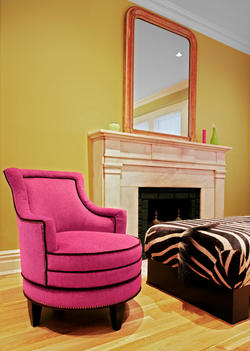 Marble Fireplace, Giant Mirror, Pink Chair And Zebra Skin Settee