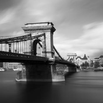 Black and white image of the Szechenyi Chain Bridge, Budapest, Hungary