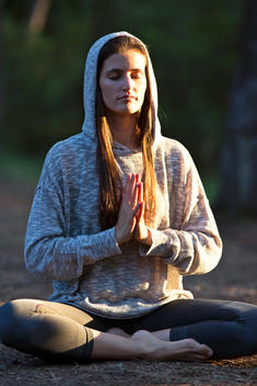 Woman Practicing Yoga Outdoors, Easy Pose