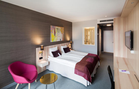 A standard room at Hotel Von Kraemer, Uppsala, Sweden designed by Link Arkitektur.