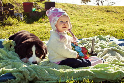 baby sitting on picnic blanket with dog
