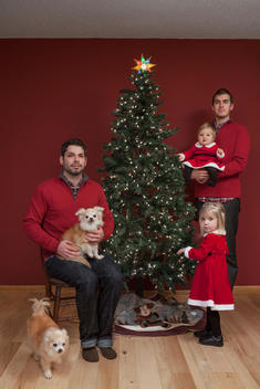 A gay couple pose for a holiday portrait with their daughters and dog.