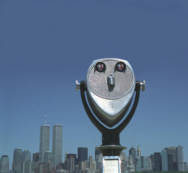 Coin Operated Binoculars With 9/11 Reflected In Lenses.