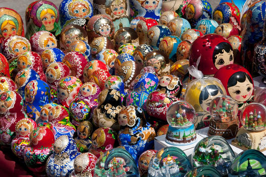 Souvenirs for sale at the entrance to Red Square, Moscow, Russia