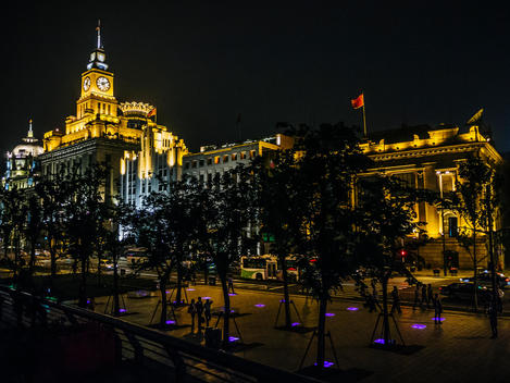 Nighttime view of the colonial buildings along the Bund in Shanghai, China.