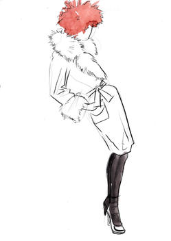 Illustration of a woman with short red hair and wearing a fur trim coat.