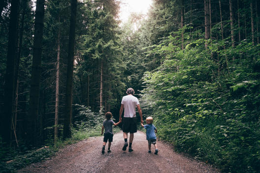 60 something man holding 6 year old and 2 year old boys hands walking down gravel road through forest in Austrian alps.