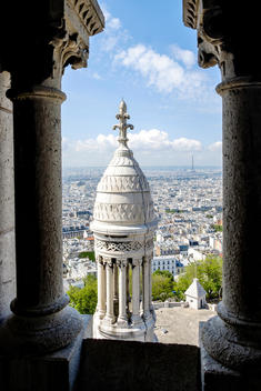 The view of Paris and the Eiffel Tower from the viewing area inside the dome of the Basilica Sacr?-Coeur, formally known as Basilica of the Sacred Heart of Paris, on top of Montmartre in Paris, France.