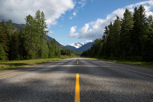 View of Highway 16, also known as the Highway of Tears, an 800km stretch of isolated road from Prince George to Prince Rupert in Northern British Columbia.