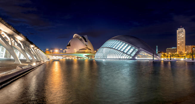 modern architecture by night (City of Arts and Sciences) with water reflections
