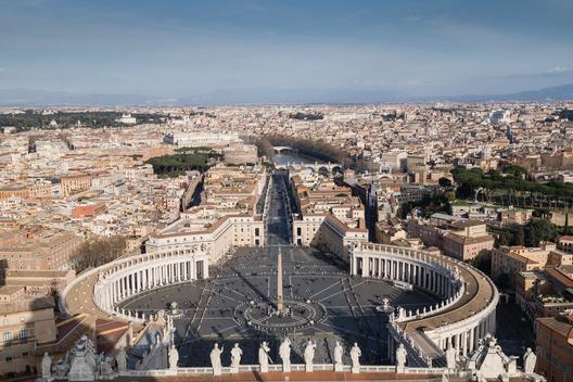View from St. Peter's Basilica, the world's largest basilica of Christianity. Vatican City. Late Renaissance church by architects including Michelangelo & holding up to 20,000 worshippers.