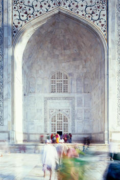 Pilgrims approach the architectural masterpiece the Taj Mahal, Agra, India