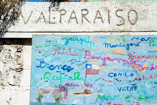 Wall art sign for Valpara?so, with painted signatures.