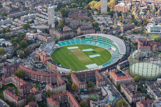 Aerial view of Kia Oval. The Kia Oval has been the home ground of Surrey County Cricket Club since it was built in 1845. It was the first ground in England to host international Test cricket, in September 1880. The final Test match of the English season i
