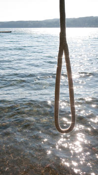 Rope Swing Close Up Next To Water With Sun Reflecting Off In The Water
