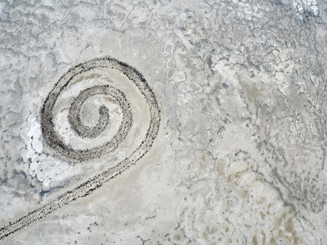 Aerial view of the Spiral Jetty art installation created by Robert Smithsonon on Rozel Point in the northwest corner of the Great Salt Lake.