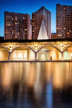 modern architecture by night (City of Arts and Sciences) with water reflections and people