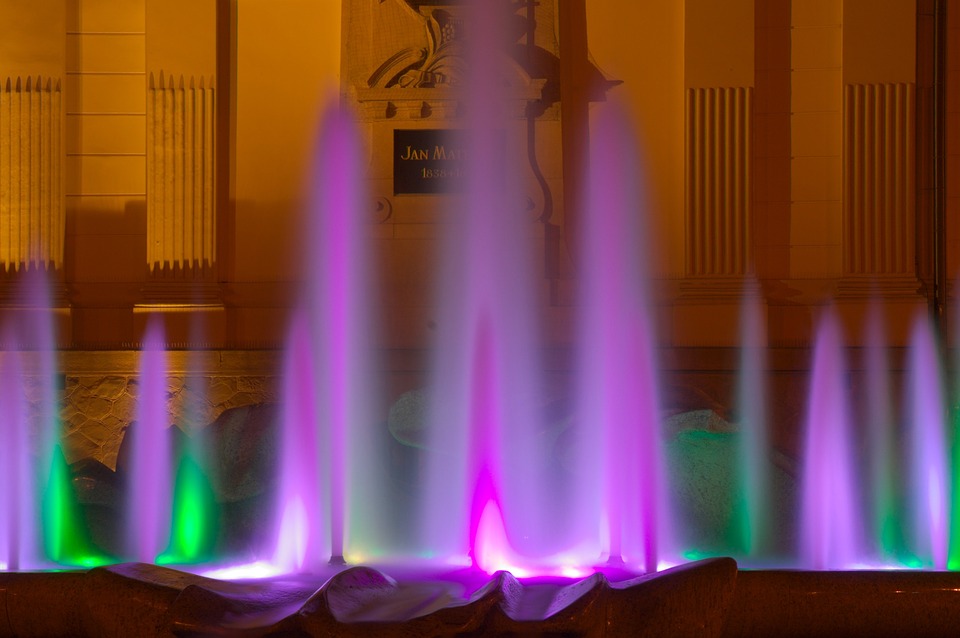 fountain, water, illuminated