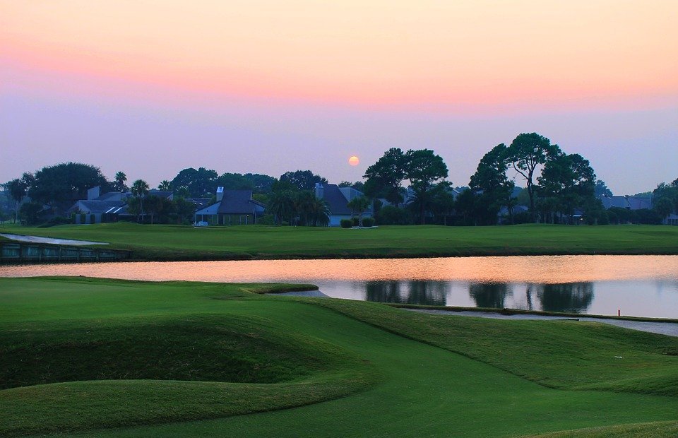 sunset over the golf course, grass, golf