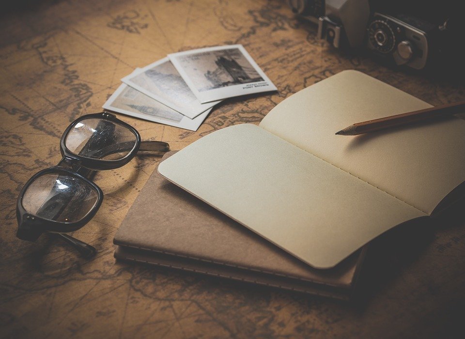 notepad, glasses, travel