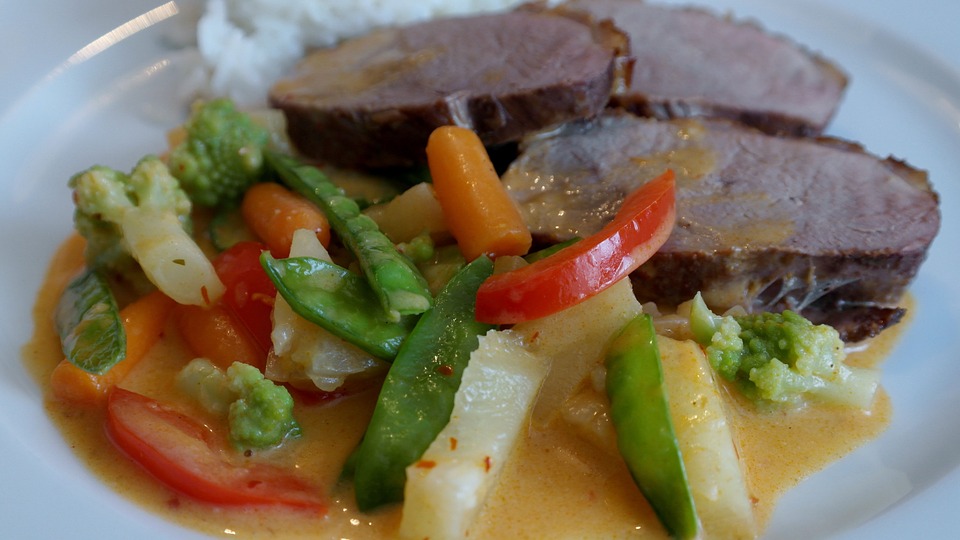 duck breast, thai curry, vegetables