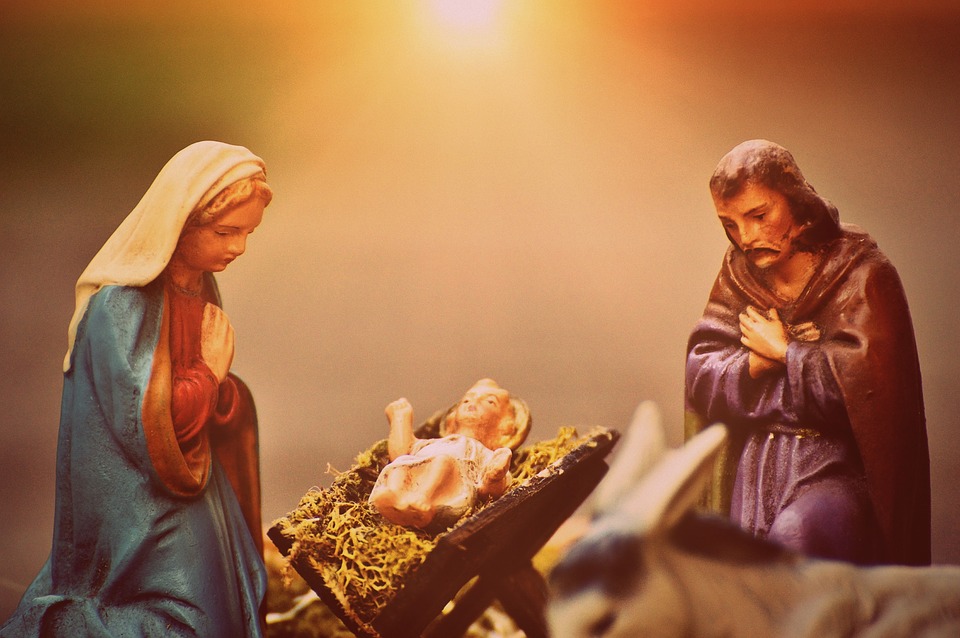 christmas crib figures, mary and joseph, jesus