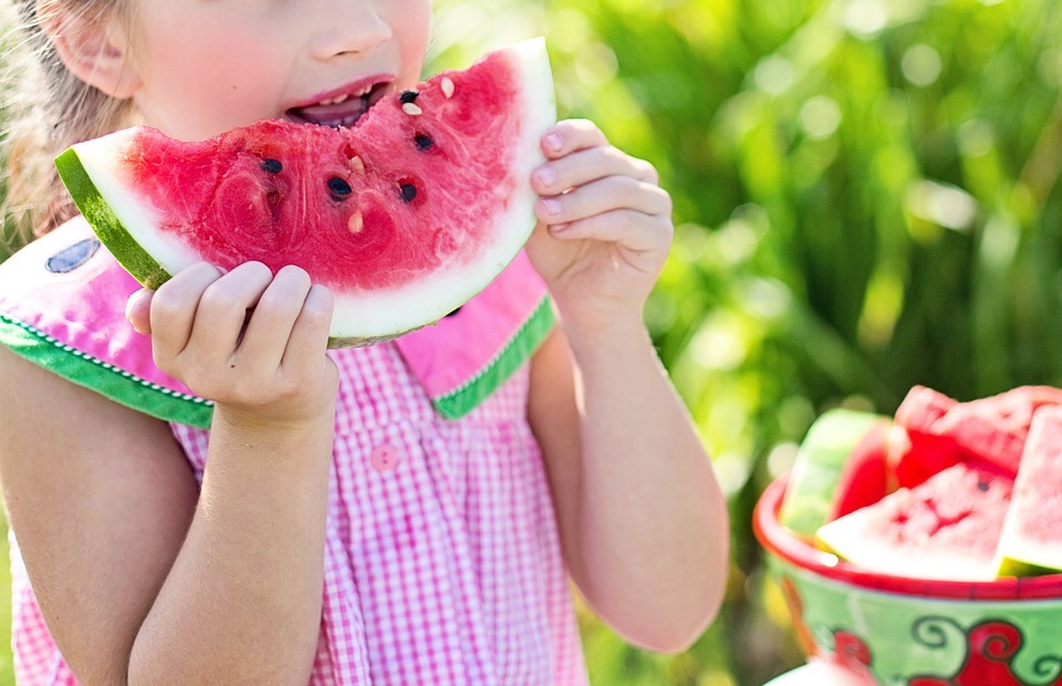 girl, eating, watermelon