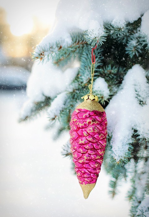christmas ornament, pine cone ornament, snowy tree