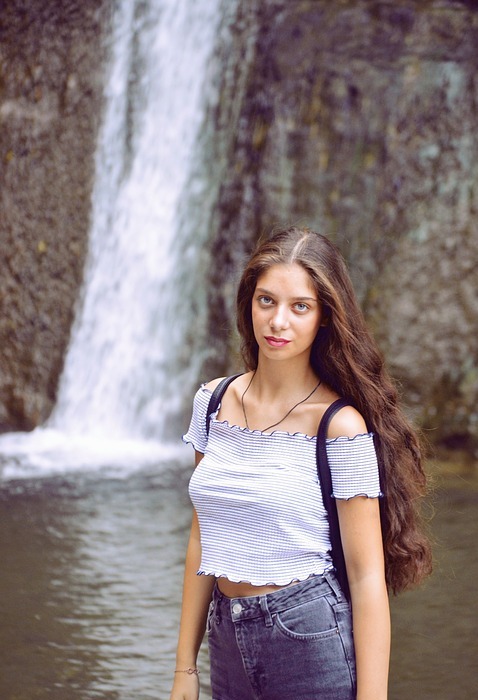 waterfall, girl, model