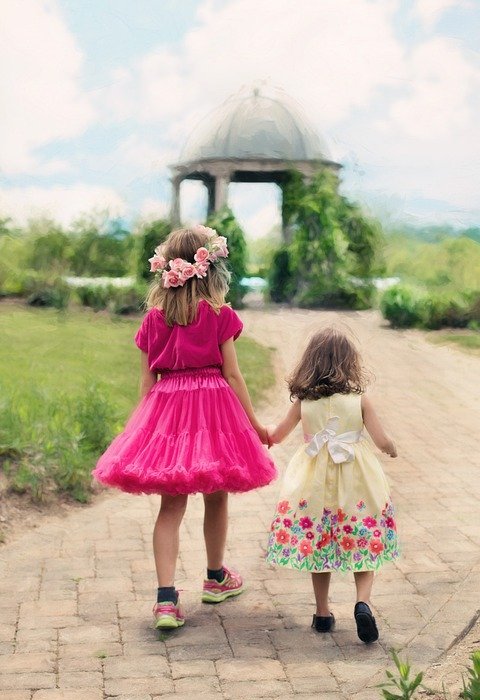 little girls walking, summer, outdoors