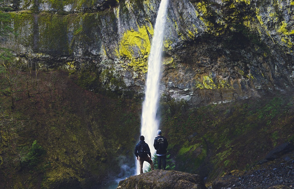 waterfall, mountain, hikers