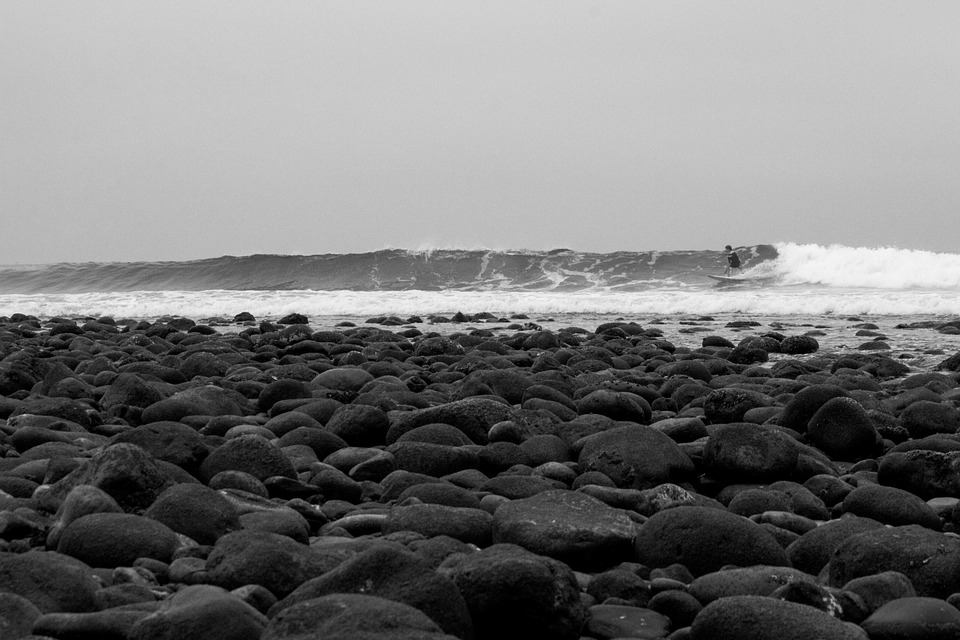 beach, rocks, surfer
