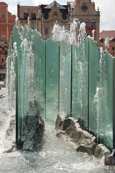 fountain, water, glass