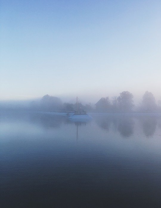 river, boat, fog