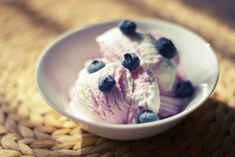 bowl, ice cream, blueberries