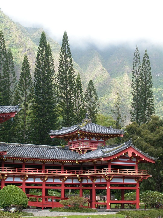 temple, hawaii, trees
