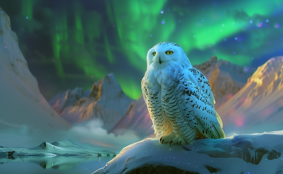 ai generated, snowy owl, northern lights