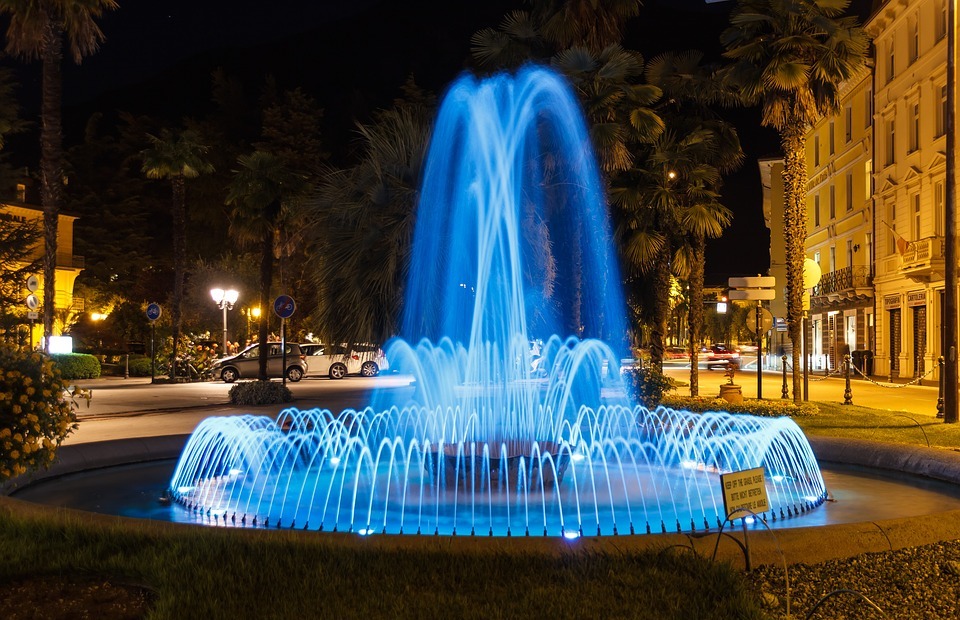 fountain, night, lighting