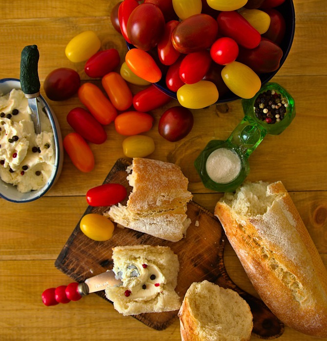 food photography, flat lay, baguette