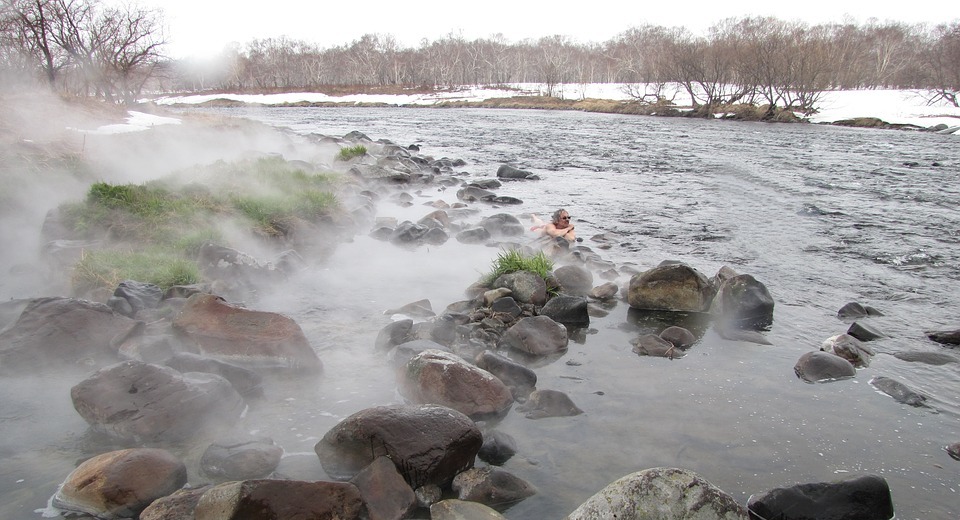 hot springs, river, winter