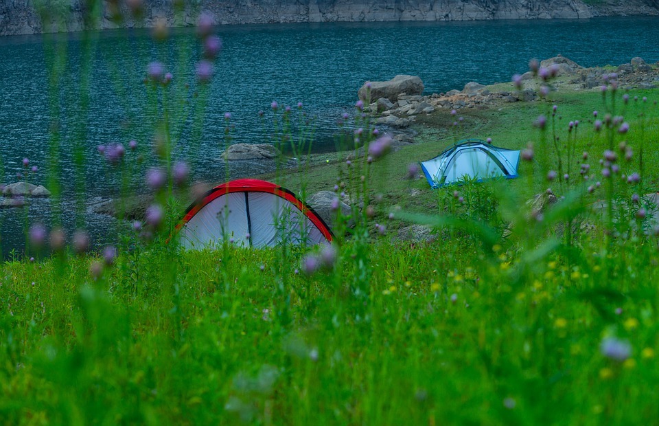 camping, tent, lake