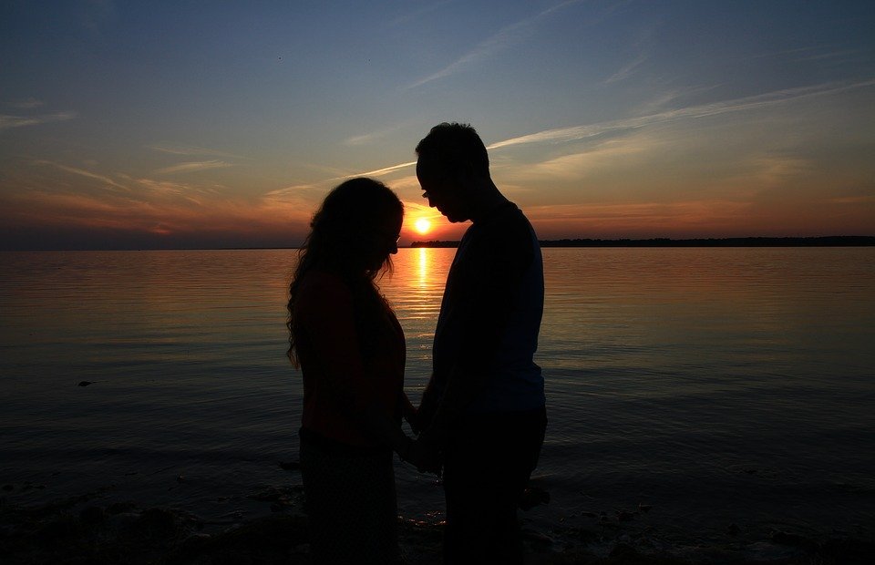 prayer, couple, sunset