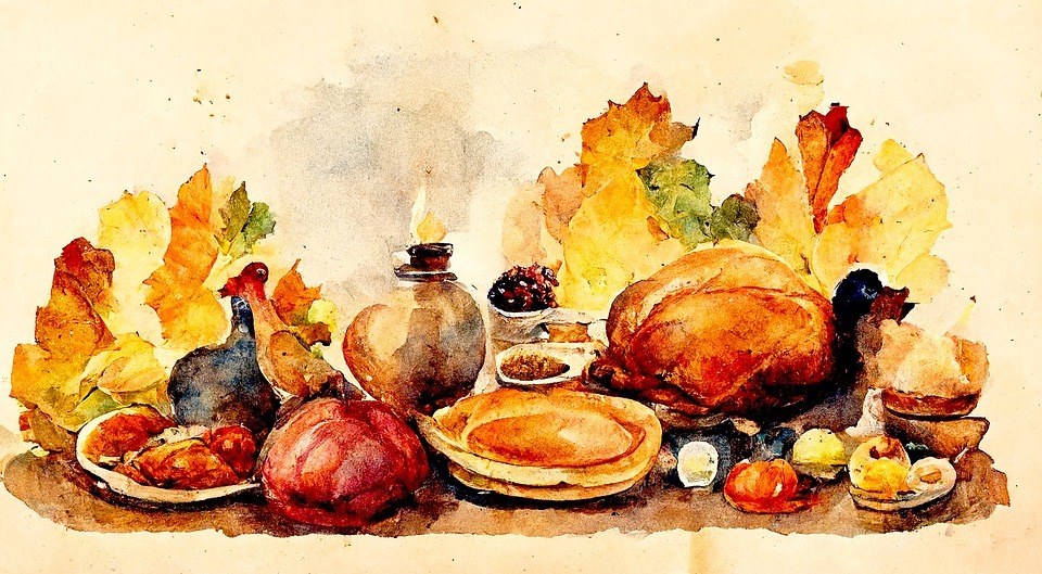 watercolor, thanksgiving day, roasted turkey