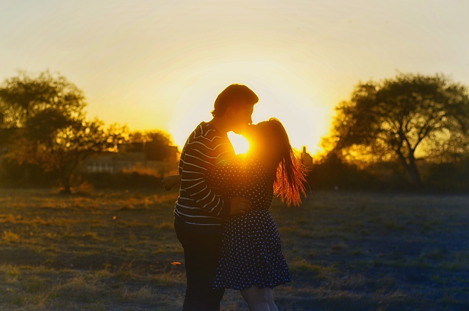 kissing couple, romance, sunset