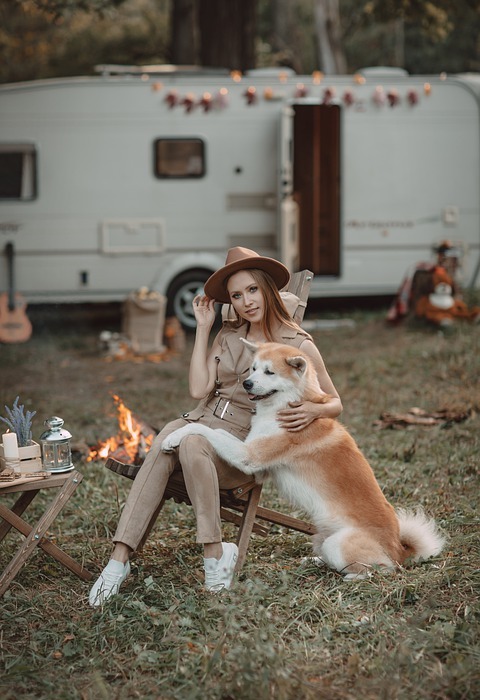 woman, dog, camping