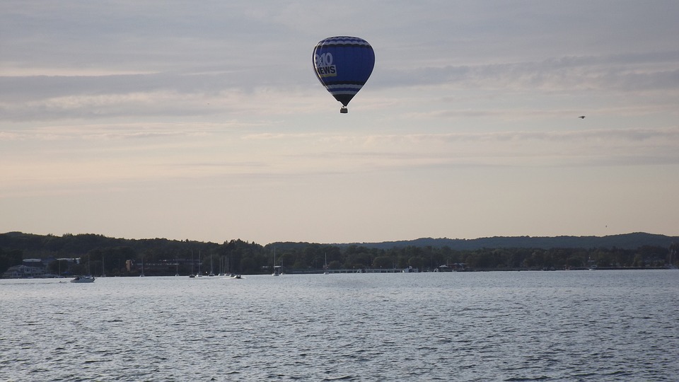 hot air balloon, lake, sky