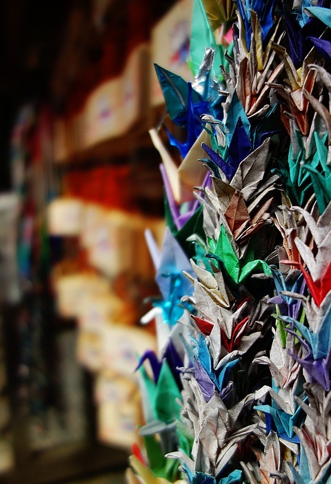thousand paper cranes, prayer, wooden plaque