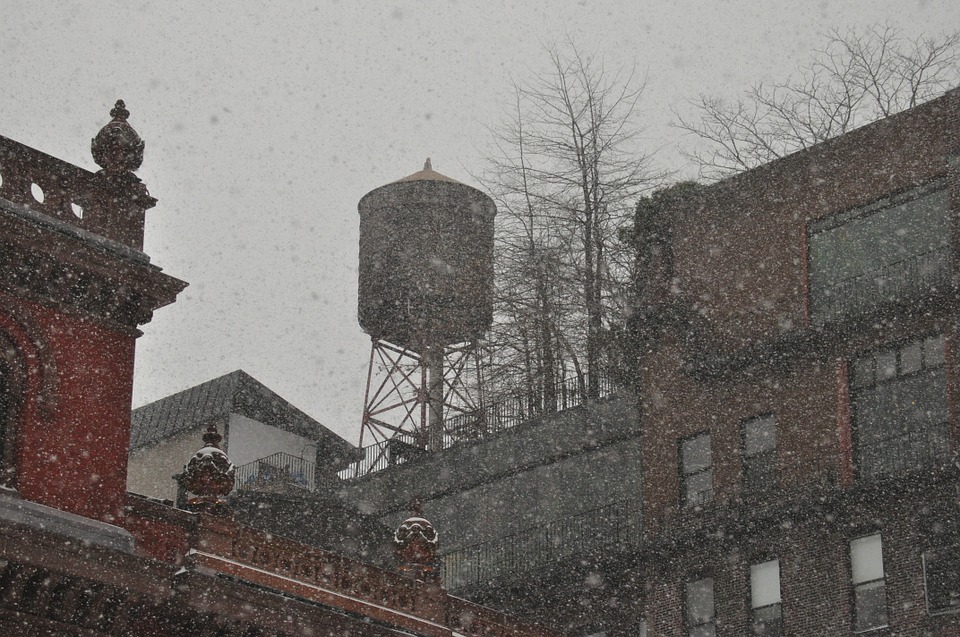 water tower, snow, snowy