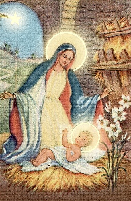 christmas card, mary and baby jesus, manger
