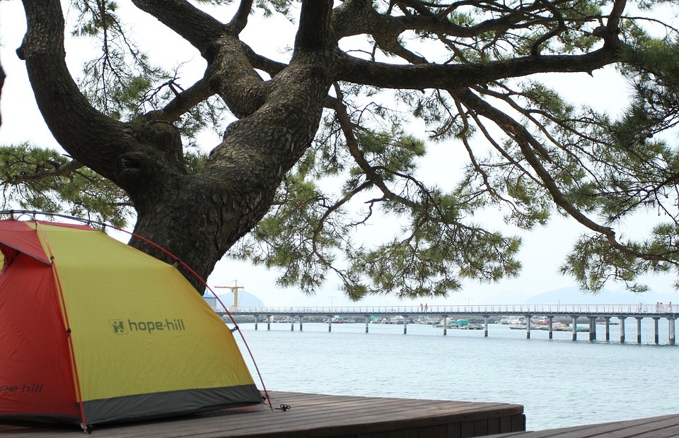 tent, camping, sea
